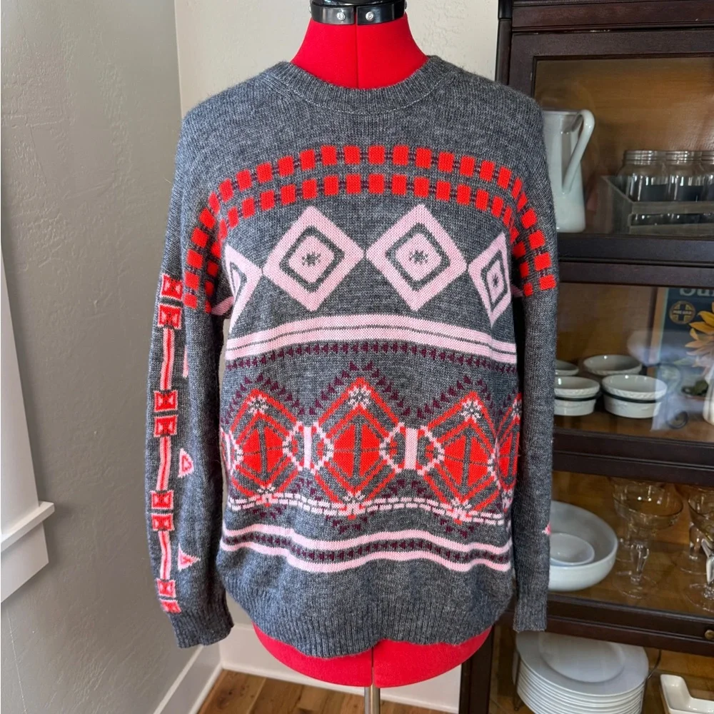 J.Crew Women’s Fair Isle Sweater Gray Red Pink Geometric Wool Mohair Size L